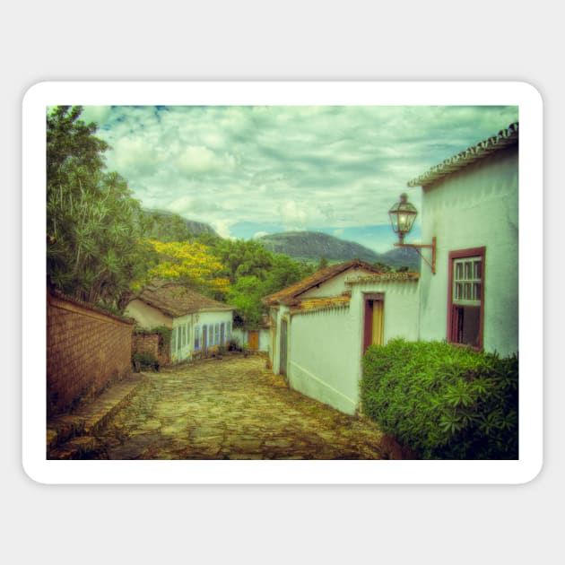 A tranquil street in the colonial town of Tiradentes. Sticker by stevepaint